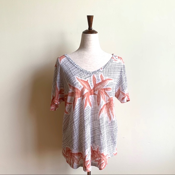 ZARA W&B Tropical floral linen tee Cream, coral, black patterned top Medium - Picture 1 of 9